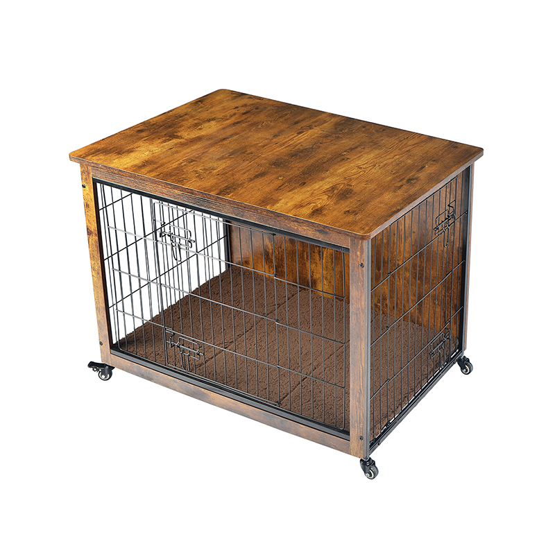 クッションとホイールのある屋内木製家具スタイルの犬のケージ クッションとホイールのある屋内木製家具スタイルの犬のケージ
