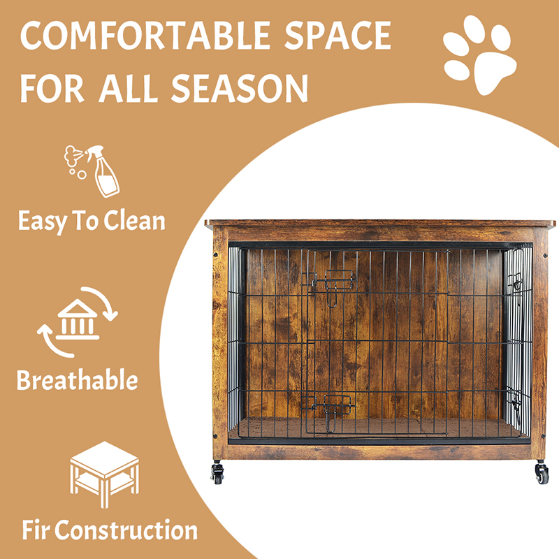 クッションとホイールのある屋内木製家具スタイルの犬のケージ クッションとホイールのある屋内木製家具スタイルの犬のケージ