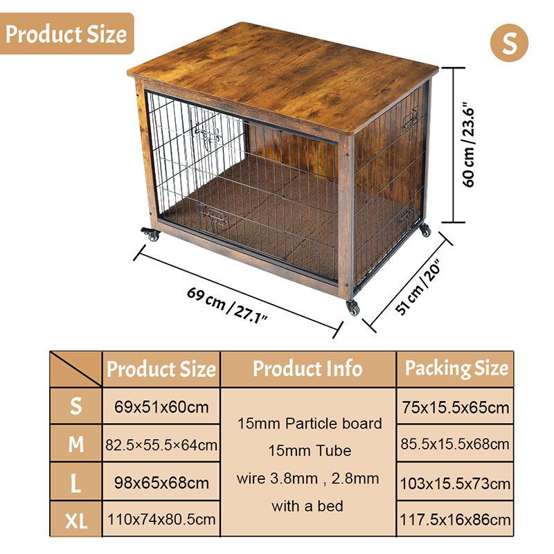 クッションとホイールのある屋内木製家具スタイルの犬のケージ クッションとホイールのある屋内木製家具スタイルの犬のケージ