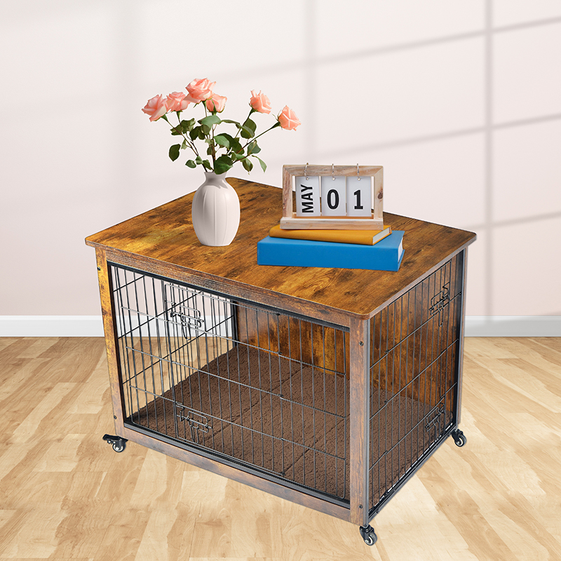 クッションとホイールのある屋内木製家具スタイルの犬のケージ クッションとホイールのある屋内木製家具スタイルの犬のケージ