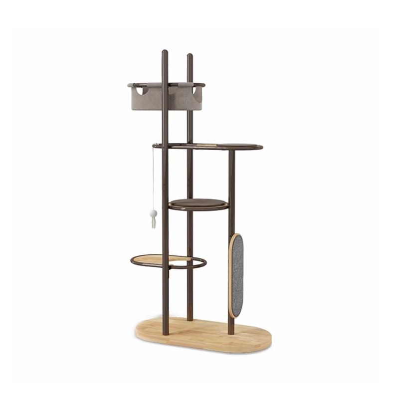 床から天井の背の高い屋内ゴムウッドキャットツリータワーコンドミニアムと眠っているバスケット