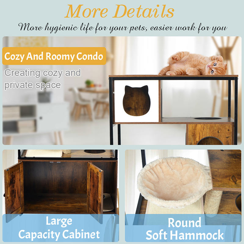 屋内猫のタワーコンドミニアムの猫の木とハンモックとゴミのキャビネット 屋内猫のタワーコンドミニアムの猫の木とハンモックとゴミのキャビネット
