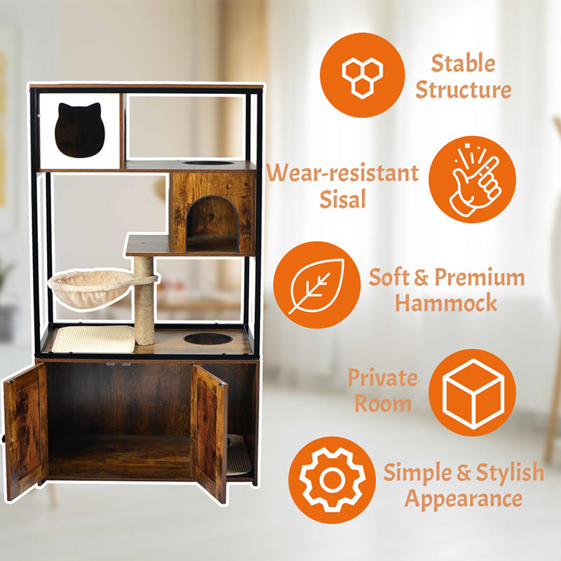 屋内猫のタワーコンドミニアムの猫の木とハンモックとゴミのキャビネット 屋内猫のタワーコンドミニアムの猫の木とハンモックとゴミのキャビネット